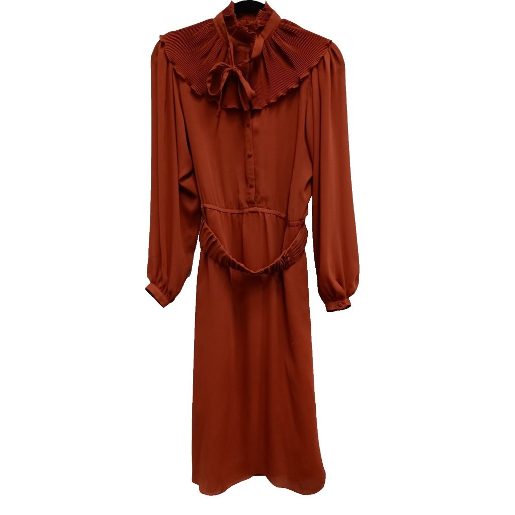 Vtg 80s Lucy Berlette Midi Dress Womens Small Rust Orange Preppy Romantic